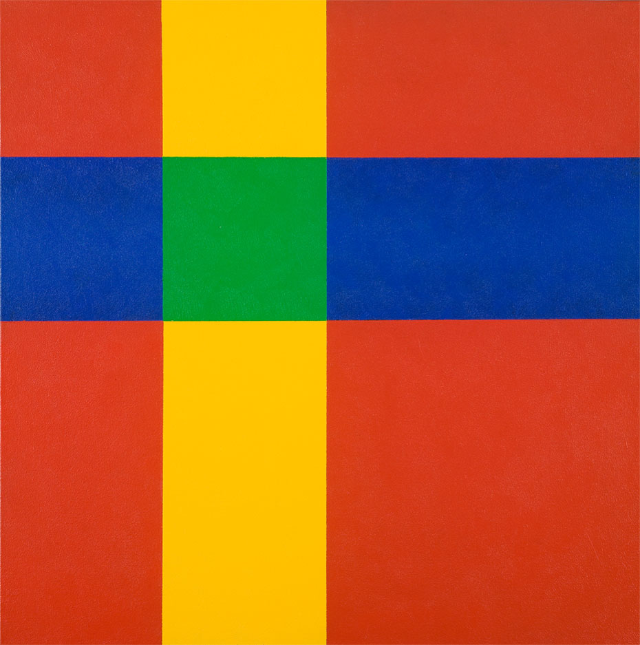 Blue Crossing Yellow in Red - 24x24inches